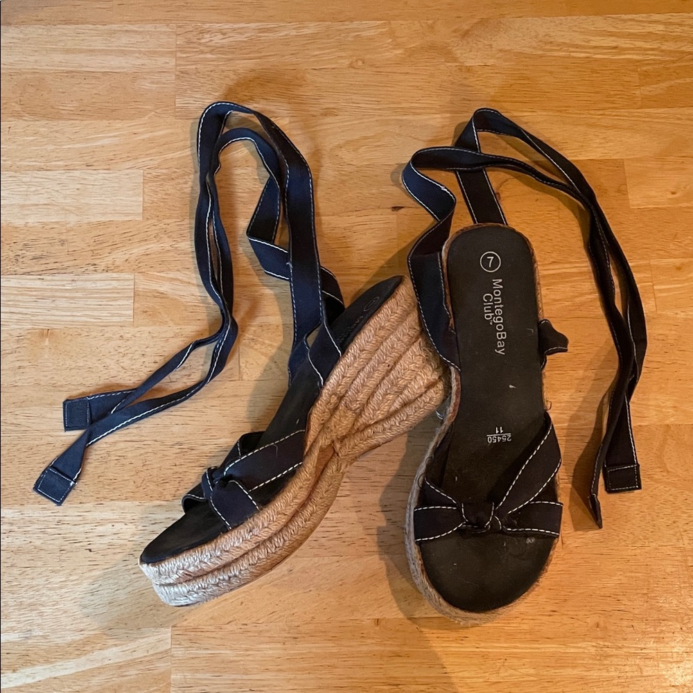 Montego Bay Club Black Espadrille Wedge Sandals with Wrap Tie Size 7